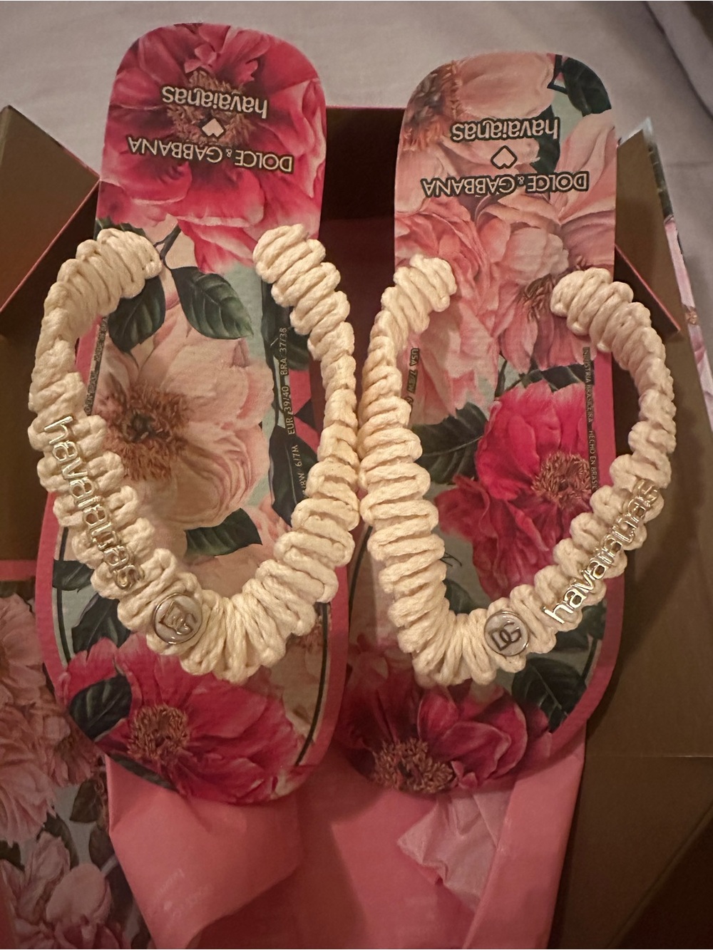 Dolce & Gabbana Floral Rope-Trim Flip Flops in Pink and Cream